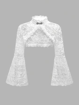 Cardigan gothique en dentelle grande taille avec manches évasées, blanc
