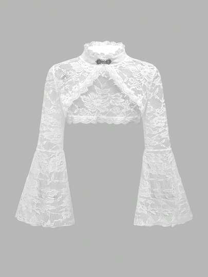Goth كارديجان شرنقة مع أكمام متسعة مصنوع من الدانتيل بمقاسات كبيرة، أبيض