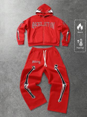 Street Life Men's Hooded Sweatsuit, Skeleton Graphic Print Street Style Hoodie Set, Autumn/Winter