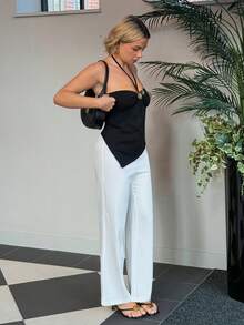 Bethéva Camisolă de vară pentru femei, culoare solidă, cu tiv asimetric, cu tiv încrețit, la modă, cu halter