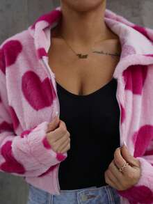 SAYEHFBABY Women's Heart Pattern Fleece Hooded Casual Jacket For Fall/Winter - Pink - View 3