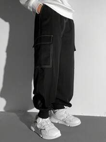 SHEIN Tween Boy 休闲多口袋撞色缝线字母图案罗纹袖口工装裤，适合秋季/春季、户外玩耍、学校、街头风格、派对和休闲