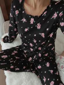 CottageSlumber 女士可爱碎花罗纹边长袖上衣和裤子浪漫碎花睡衣套装，秋冬服装 - 黑色 - 查看 5