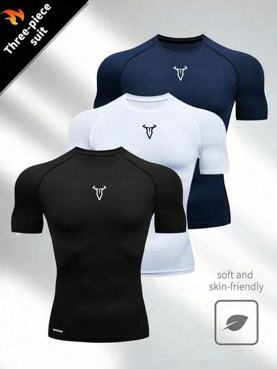 Manfinity Sport Corelite Men's Bull Print Slim Fit Short Sleeve Sports T-Shirt Workout Tops Gym Top Compression Shirt Breathable Fitted Shirt Crew Neck Compression Shirt Men