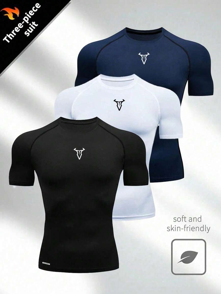 Manfinity Sport Corelite Men's Bull Print Slim Fit Short Sleeve Sports T-Shirt Workout Tops Gym Top Compression Shirt Breathable Fitted Shirt Crew Neck Compression Shirt Men - Multicolor - View 1