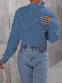 Calvaya Solid Color High Neck Drop Shoulder Long Sleeve Loose Cropped Ribbed Knit Pullover Sweater - Teal Blue - View 3