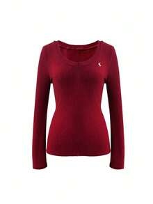 EMERY ROSE V-Neck Knit Fitted Long Sleeve Women's Solid Color Raglan Casual T-Shirt - Burgundy - View 3