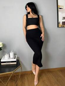 Vassilux Elegant Solid Color High Waist Slim Fit Skirt, Suitable For Commuting - Black - View 1