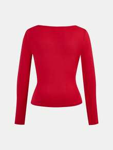 SHEIN Girlism 2 pièces/Set T-shirts décontractés à manches longues et col carré pour filles pré-adolescentes, coupe slim - Rouge - Voir 4