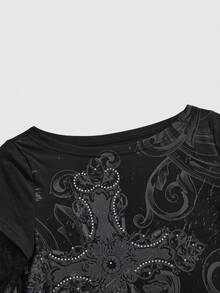 ROMWE Grunge Punk Women's Y2K Grunge Cross Print Lace Patchwork Long Sleeve T-Shirt - White - View 3