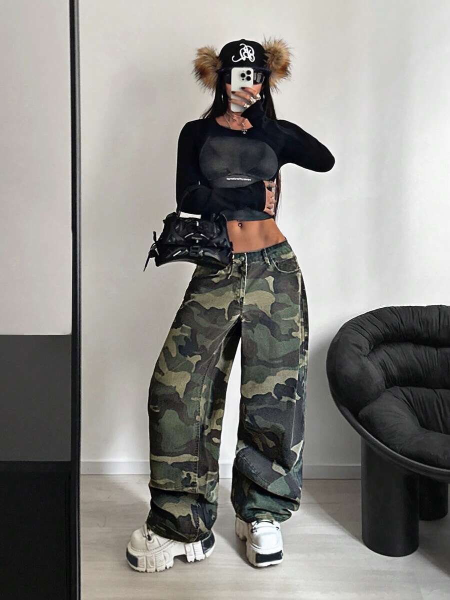 StreetHx Pantaloni largi pentru femei, cu buzunare, din denim, cu imprimeu camo, casual, lejer - Multicolor - Vizualizare 1