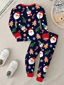 SHEIN 男婴休闲简约温暖舒适圣诞主题贴身长袖上衣和裤子睡衣套装，带有星星、圣诞树、圣诞熊和驯鹿印花，适合秋冬季 - 彩色 - 查看 2