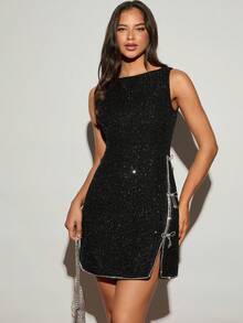 Enchnt Fall/Winter Romantic Women's Black Fancy Yarn Sequin Tweed Rhinestone Bowknot Decor Sleeveless Split Hem Cute Mini Dress,Chic&Elegant For Party&Date&Holiday&Graduation&Going Out&Halloween&Christmas,Autumn Dresses For Women,Fall Clothes For Women,Autumn Outfits For Women, Carnival,New Years Women Outfit,Dresses For Women Elegant,Black Dress - Black - View 7