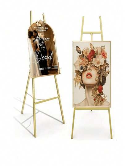 Gold Easel Stand For Sign, Heavy Duty Metal Display Easel With Adjustable Chain, 4-Tier Height Art Easel For Painting, Wedding Sign, Posters & Commercial Display