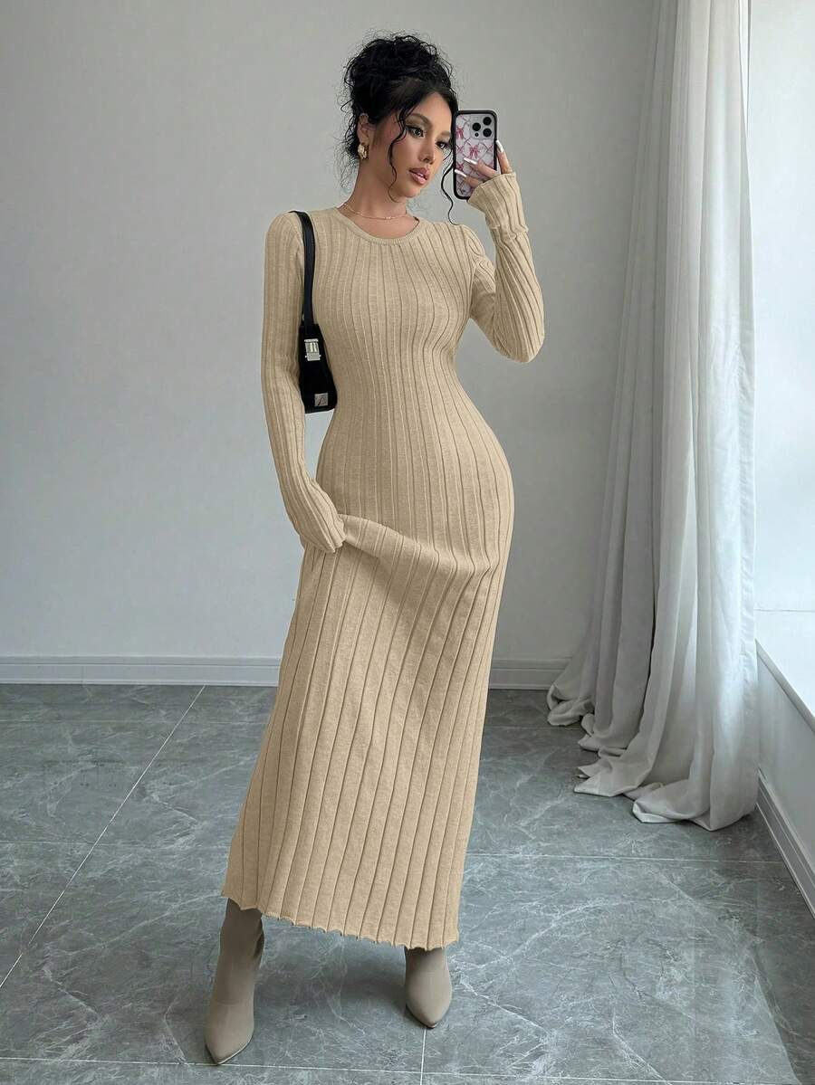 Rafferiza Women's Solid Color Crew Neck Long Sleeve Ribbed Maxi Sweater Dress, Autumn/Winter - Beige - View 1