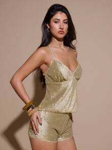 SHEIN BAE Autumn/Winter Solid Color Gold Sequin Tank Top, Backless Tie Strap Top, Women's Sequin Top, Colorful Sequin Shirt, Autumn Tops, Suitable For Nightclub Party, Going Out, Autumn Women's Clothing, Old Money, Party Cocktail Formal Occasion, Gold Top - Gold - View 7