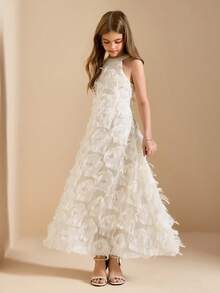 优雅的花童礼服，适合毕业典礼、婚礼、舞会，也适合万圣节、圣诞节；杏色碎花吊带无袖中长连衣裙，适合少女；时尚薄纱裙公主裙，适合返校季穿着。 - 杏色 - 查看 4