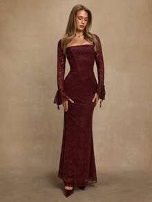 SHEIN BAE 优雅长袖性感蕾丝茄紫色美人鱼裙摆连衣裙，适合鸡尾酒会、浪漫约会、秋冬针织连衣裙、正式派对、婚礼、伴娘、晚礼服、万圣节、圣诞节等场合。 - 酒紅色 - 查看 6