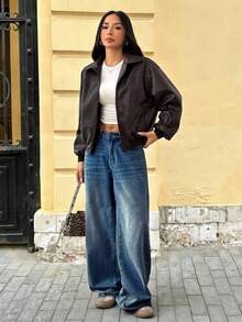 SHEIN PETITE Giacca in pelle PU invecchiata da donna, adatta per l'autunno e l'inverno, casual e di aspetto elegante - Moka Marrone - Visualizzare 9