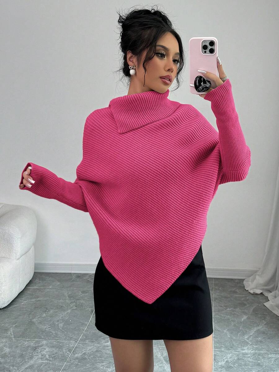 SHEIN Elenzya Áo len dệt kim cổ cao màu trơn cánh dơi bất đối xứng cổ điển dành cho nữ, thời trang và đa năng cho kỳ nghỉ và kỳ nghỉ lễ - Màu Hồng Tươi - Xem 1