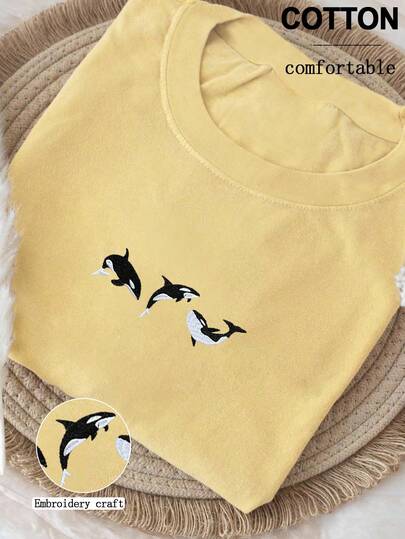 INAWLY Camiseta cómoda y colorida con bordado de orca en trío, camiseta unisex de orca, camiseta de ballena, camiseta de orca, camiseta de tiburón, regalo de criatura marina para él/ella, camiseta gráfica bordada para mujer