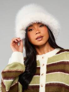 MISSGUIDED Mũ xô lông giả mùa đông ấm áp thời trang lễ hội phụ kiện mũ đội đầu thời tiết lạnh - Màu be - Xem 4