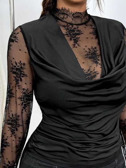 GalTyme Maglietta elegante da donna con scollo a barca, maniche lunghe e pizzo a contrasto, taglie comode