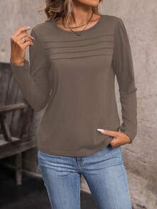 SHEIN LUNE 女士休闲纯色圆领长袖T恤，秋季款 - 鏽棕色 - 查看 5
