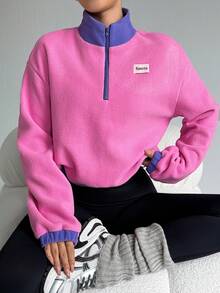 Dewbera 女士字母图案落肩长袖撞色拉链半门襟运动卫衣 - 玫紅色 - 查看 1