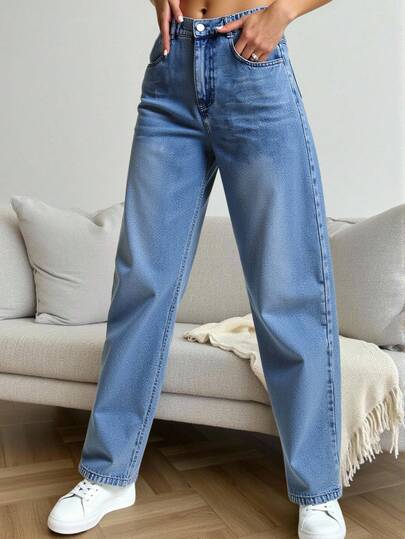 Teen Girls Y2K Style Jeans, Flared Leg Jeans, All Season, Vintage Medium Blue Denim Color, Relaxed Fit Straight Leg Jeans, Comfortable Cotton Denim Fabric, Daily Fashion Versatile Jeans Y2k Loose Jeans Oversized Jeans Wide Jeans