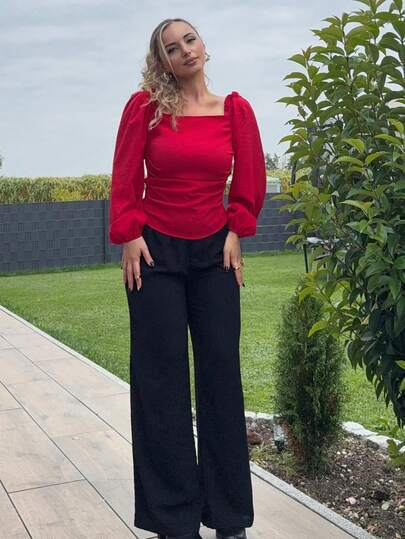 Jeta Ari Women's Solid Color Patchwork Ruffle Trim Square Collar Lantern Sleeve Fashionable Blouse