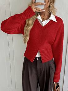Easowa V-Neck Zip Hem Relaxed Casual Pullover Sweater For Women In Fall/Winter - Red - View 5