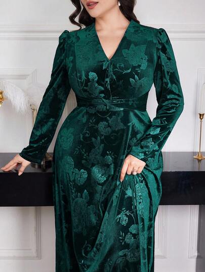 Modelyn Plus Size Women Floral Jacquard V-Neck Puff Sleeve Elegant Dress Long Evening Dresses