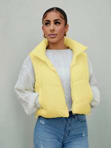 SAYEHFBABY Chaleco acolchado corto con cremallera reversible y botones de pana amarillo casual para mujer en otoño/invierno - Amarillo - Ver 5