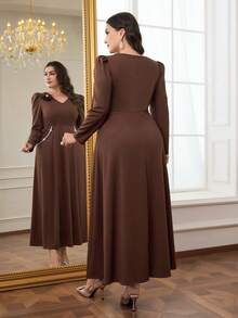 Modelyn Plus Size Women Elegant 3D Floral V-Neck Dress - Coffee Brown - View 3