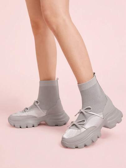 CUCCOO DOLLMOD Kadın Gri Platform Bağcıklı Kalın Spor Ayakkabılar Bilekte Botlar, File Patchwork Pileli Üstler, Bağcıklı Kapatma, İşe Gidip Gelmek, Açık Hava, Sokak ve Spor Salonu İçin Uygun