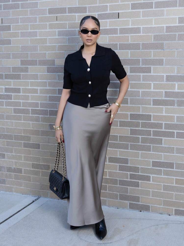 Melissa Matos Nueva llegada Blusa de punto casual y versátil con cuello polo, estilo coreano suave para verano para mujeres - Negro - Añade 2