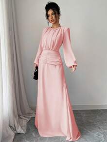 Elenzga Váy nữ dáng chữ A xếp ly eo chiffon đỏ ngày lễ tình nhân thanh lịch lãng mạn - Màu Hồng  San hô - Xem 3