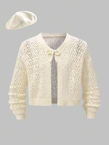 Young Girl Girls Casual Versatile Comfortable Knit Cardigan - Apricot - View 1