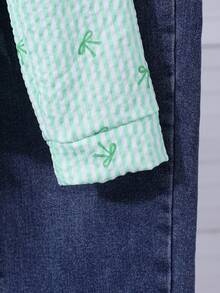 SHEIN Explorewe Y2K 风格女孩蝴蝶条纹印花经典衬衫，适合日常或学校穿着，可搭配牛仔裤、裙子或吊带背心，打造返校装 - 綠色 - 查看 4