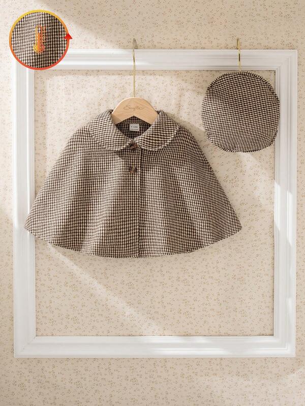 Souflis Souflis French Retro Plaid Overcoat With Matching Plaid Beret, Suitable For Gatherings, Outings, And School, Girls Overcoat Brown Toddler Outfit Girl Brown Baby Girl Coat Vintage Winter Baby Clothes  Baby Girl Houndstooth Poncho