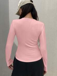 FRIFUL Áo thun nữ tay dài dáng ôm cổ tròn màu trơn chất liệu len Raglan ấm áp - Hồng - Xem 3