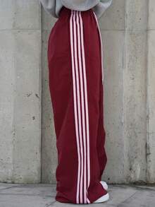 SAYEHFBABY Women's Elastic Waist Casual Loose Striped Sports Pants,Fall - Burgundy - View 4
