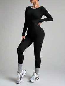 Slayform Slayform Seamless Yoga Jumpsuit,Black And White Contrast,Long Sleeves,Backless Criss-Cross Straps,Slim Fit One Piece For Autumn Athleisure,Gym,Pilates,Yoga - Black - View 7