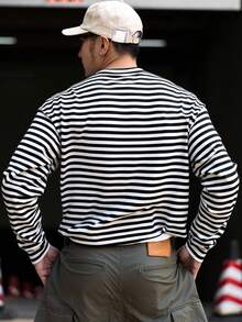 DAZY Camiseta de cuello redondo a rayas negras y blancas para hombre, otoño - Blanco y Negro - Ver 2