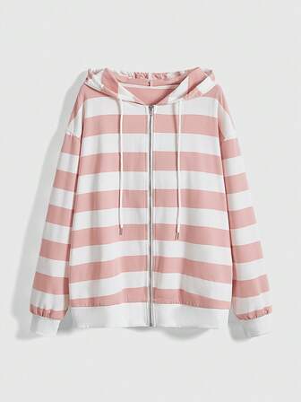 Kawaii Felpa con cappuccio morbida e carina a righe bianche e rosa, ampia