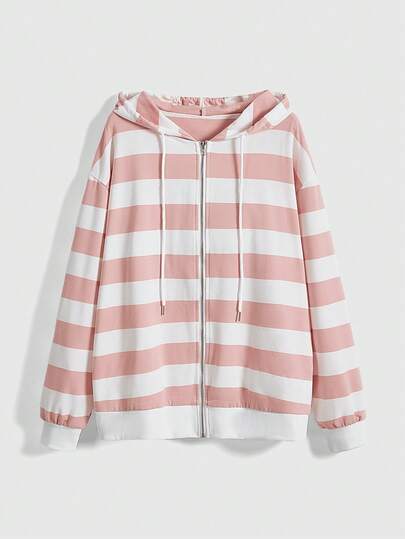 Kawaii Süßer & weicher rosa & weißer Kontrast gestreifter locker sitzender Kapuzenpullover