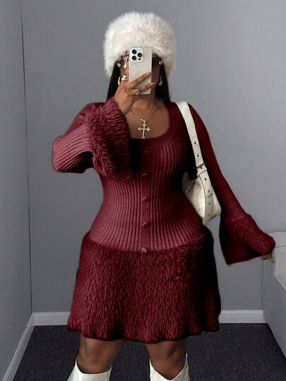 Maweii Vestido de suéter de punto con corazón esponjoso, elegante y entallado, talla grande para mujer, unicolor