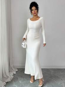 SHEIN Elenzya Váy len dệt kim xoắn thanh lịch thu đông dành cho nữ, thiết kế vai bất đối xứng, tay dài, xếp ly eo, ôm vừa vặn - Màu be - Xem 10