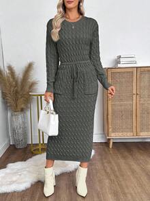 EMERY ROSE Váy dệt kim ôm dáng cổ tròn tay dài, eo rút dây, hai túi cho nữ, mùa thu/đông - Xám - Xem 4